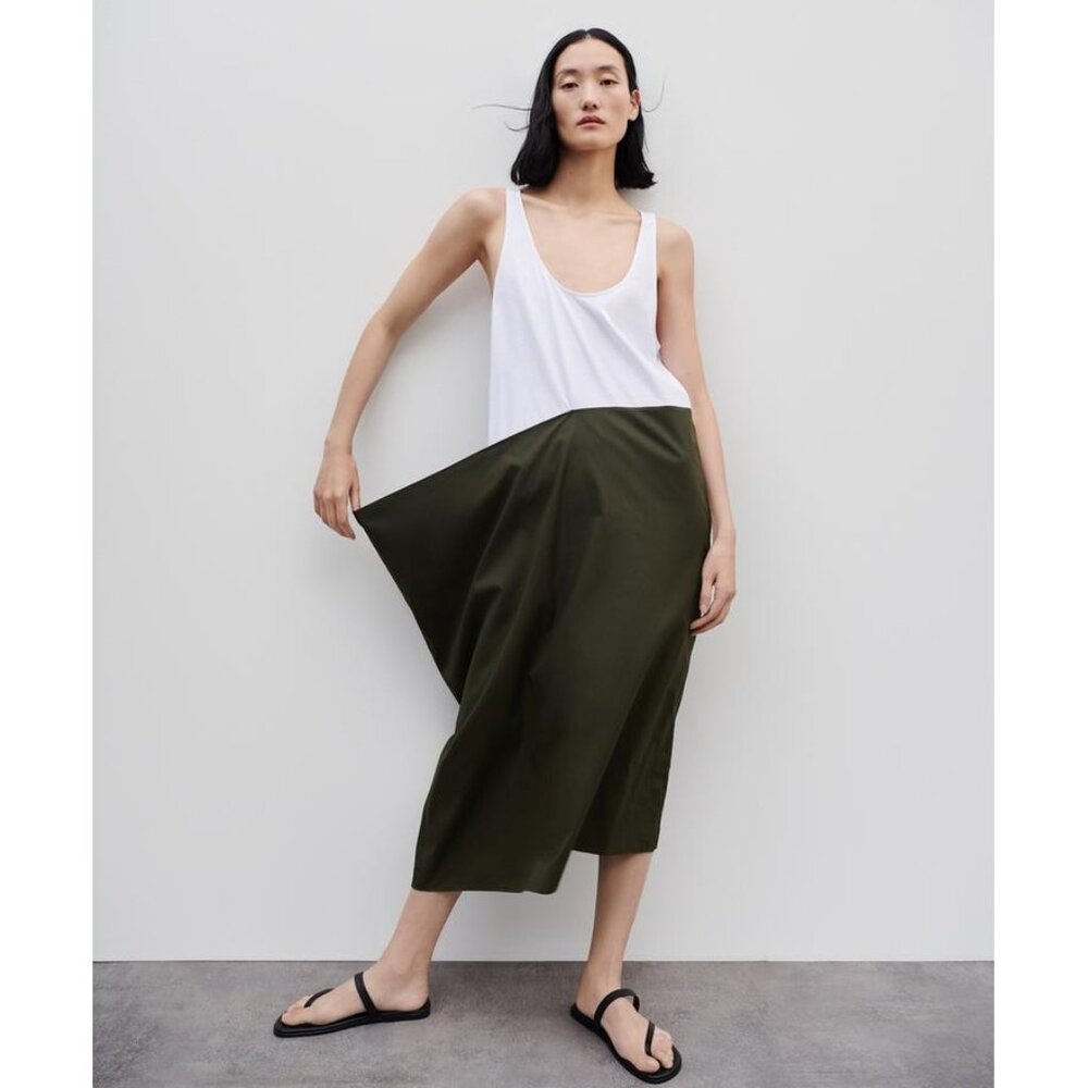 NWOT Zara white and olive green cotton midi dress with contrast poplin hem, M